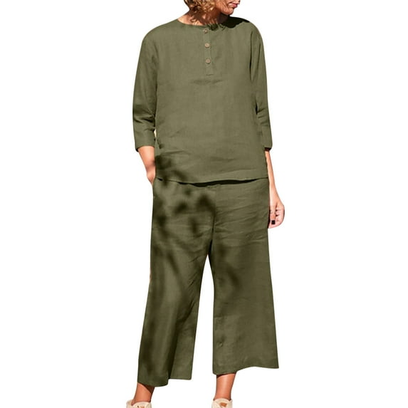 Wiyuqeen Two Piece Cotton Linen Sets for Women Casual Button Round Neck 3/4 Sleeve Tops Wide Leg Capris Plain Breathable Vacation Outfits Lounge Sets