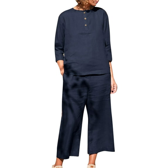 Wiyuqeen Two Piece Cotton Linen Sets for Women Casual Button Round Neck 3/4 Sleeve Tops Wide Leg Capris Plain Breathable Vacation Outfits Lounge Sets