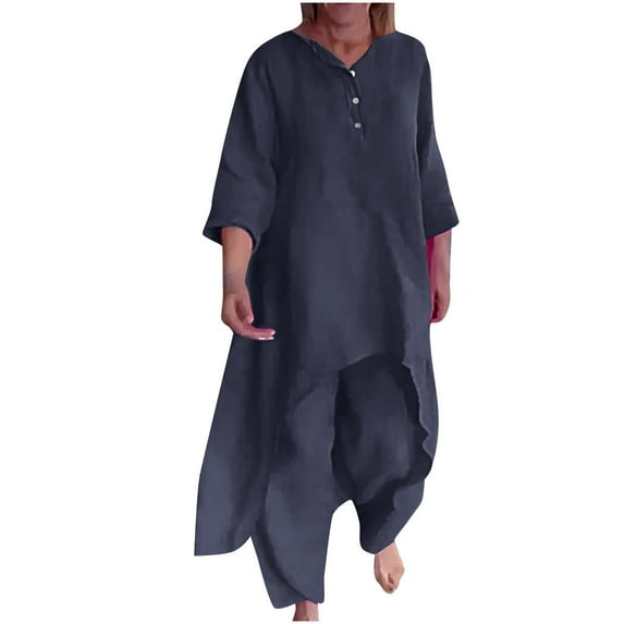 Wiyuqeen Two Piece Cotton Outfits for Women High Low Hem 3/4 Sleeve Blouse with Pants Sets Solid Plain Matching Clothes Sets Ladies Loose Fit Loungewear