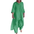 thumbnail image 1 of Wiyuqeen Two Piece Cotton Outfits for Women High Low Hem 3/4 Sleeve Blouse with Pants Sets Solid Plain Matching Clothes Sets Ladies Loose Fit Loungewear, 1 of 6
