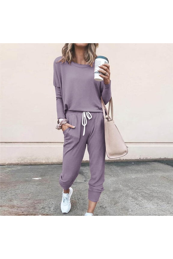 Two Piece Tracksuits for Women Comfy Crew Neck Pullover with Drawstring Pants Sets Loose Fit Lounge Pant Sets Female Plain Activewear Sets