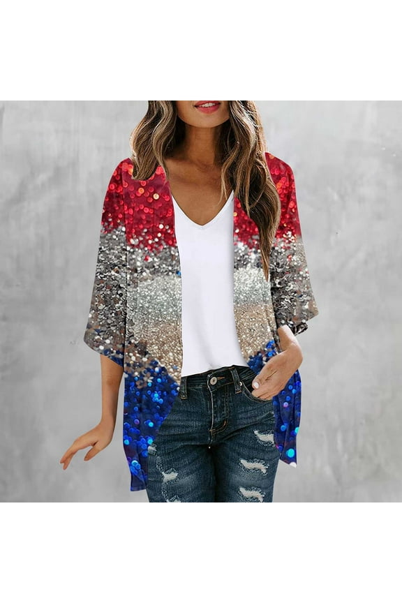 USA Flag Cardigans for Women Short Sleeve Chiffon Kimonos Open Front Red White and Blue Beach Cover Up 4th of July Cardigans