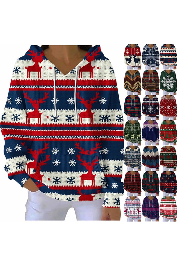 Ugly Christmas Hoodies Women Oversized Long Sleeve Knit Pullover Vintage Xmas Graphic Sweatshirts Christmas Under 25