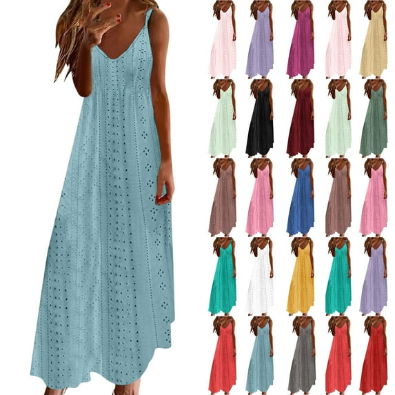 Wiyuqeen Vacation Dresses for Women 2025 Adjustable Spaghetti Strap Maxi Dress V Neck Solid Eyelet Embroidery Beach Vacation Dresses
