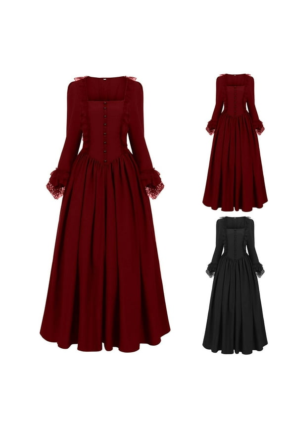 Victoria Dresses for Women Lace Long Sleeve Square Neck Renaissance Medieval Maxi Dresses High Waist Pleated Prom Gown