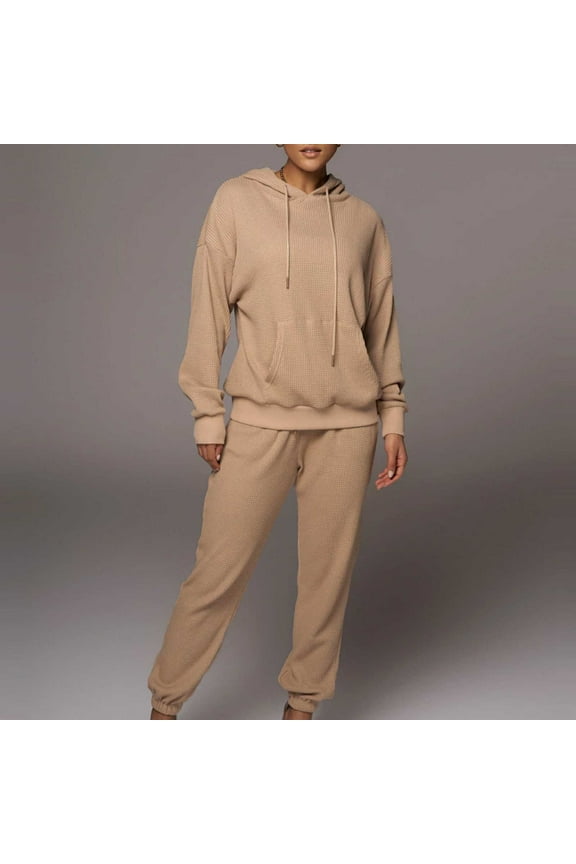 Waffle Knit Sets for Women Drawstring Hooded Pullover and Long Joggers Casual Loose Fit Lounge Sets Plain Tracksuits with Pockets