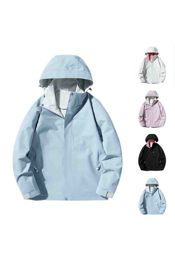 Waterproof Hiking Coats for Women Windproof Rain Jackets Solid Full Zip Plus Size Windbreaker Travel Jacket with Detachable Hood
