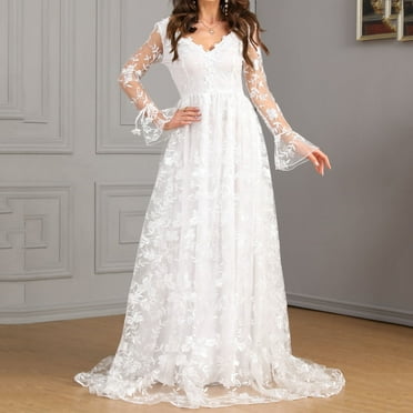 Wiyuqeen Wedding Dresses for Bride 2024 with Lace Appliques Chiffon A Line Dress for Women Elegant V Neck Lace Long Sleeves Beach Bride Dress