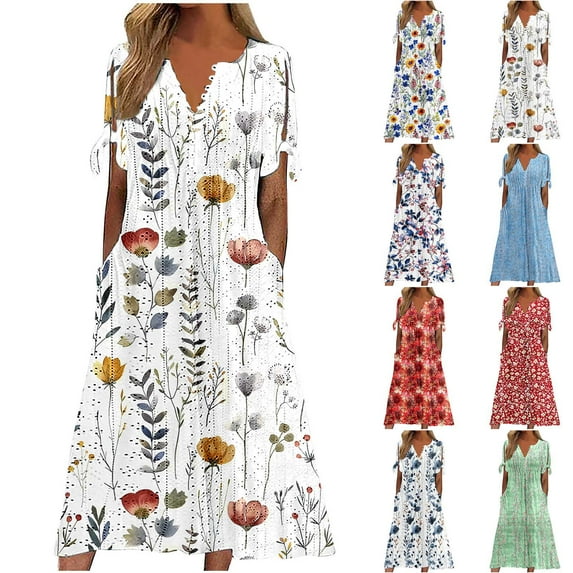 Wiyuqeen Wedding Guest Dresses for Women Button V Neck Pleated Eyelet Embroidery Maxi Dresses Short Sleeve Tie Floral Dresses with Pocket