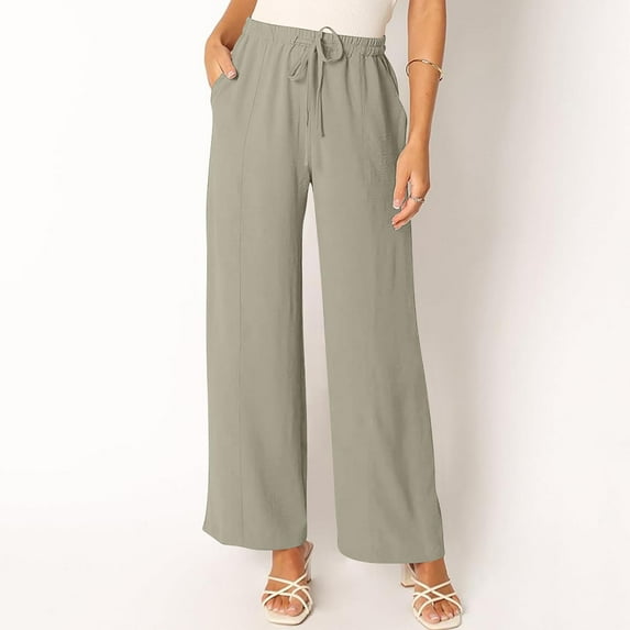 Wiyuqeen Wide Leg Pants for Women inen Elastic High Waist Trousers Loose Casual Drawstring Long Straight Leg Pants Summer Trendy Trouser with Pocket