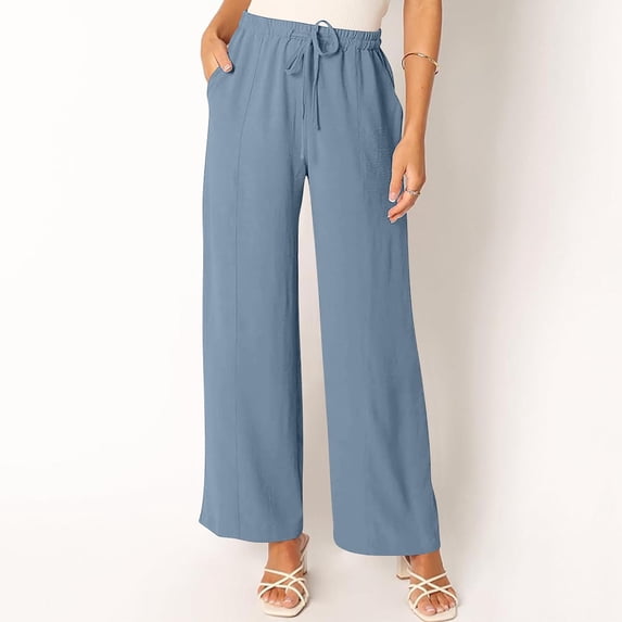 Wiyuqeen Wide Leg Pants for Women inen Elastic High Waist Trousers Loose Casual Drawstring Long Straight Leg Pants Summer Trendy Trouser with Pocket