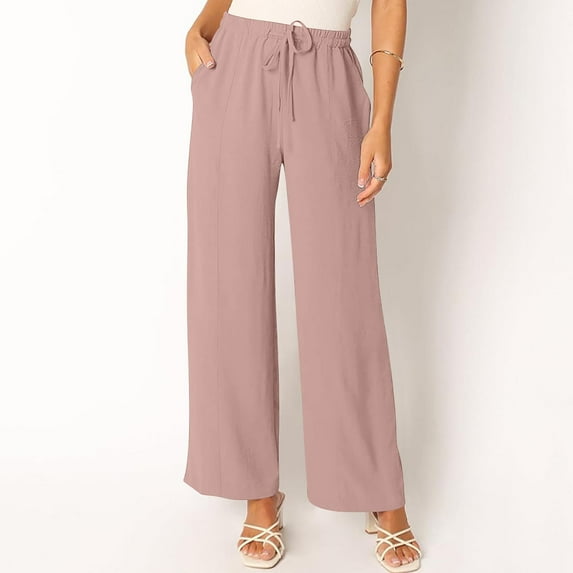 Wiyuqeen Wide Leg Pants for Women inen Elastic High Waist Trousers Loose Casual Drawstring Long Straight Leg Pants Summer Trendy Trouser with Pocket