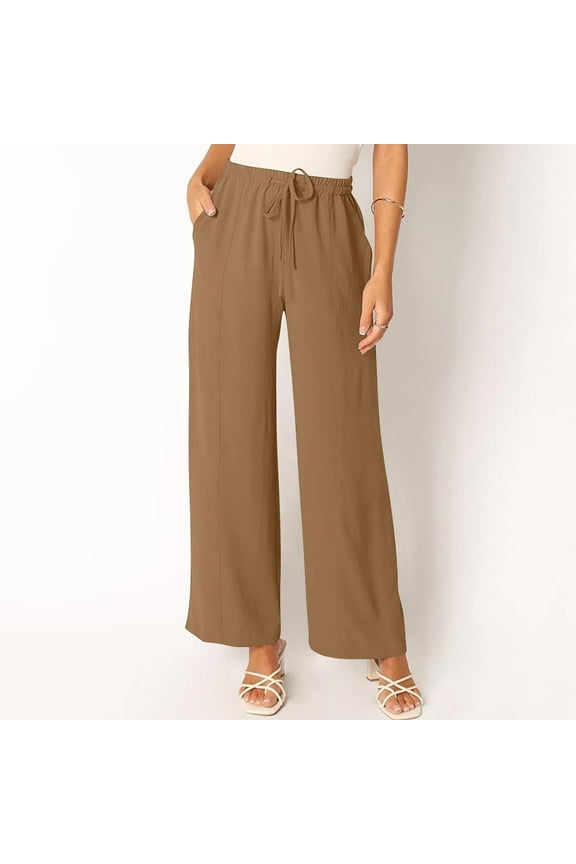 Wide Leg Pants for Women inen Elastic High Waist Trousers Loose Casual Drawstring Long Straight Leg Pants Summer Trendy Trouser with Pocket