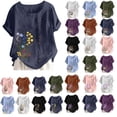 thumbnail image 1 of Wiyuqeen Woman Boho Linen Shirts Rolled Short Sleeve Floral Tshirs Crew Neck Casual Loose Graphic Tees Plus Size Summer T-Shirts, 1 of 5
