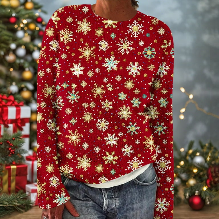 Wiyuqeen Woman Red Fair Isle Sweaters Sparkly Snowflake Print Knit