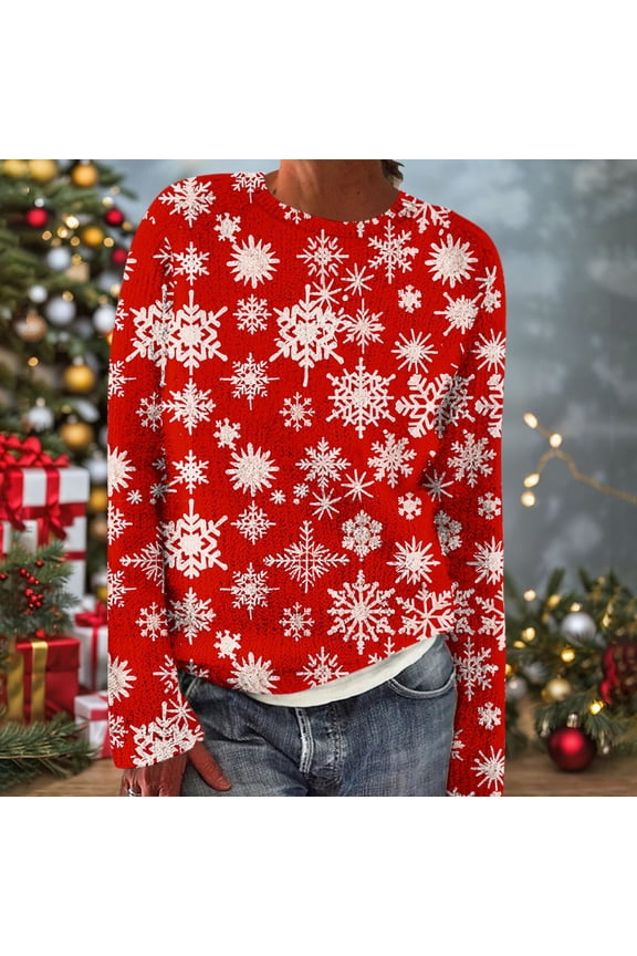 Woman Sweaters Fair Isle Red Marry Christmas Knit Pullover Tops Long Sleeve Crew Neck Snowflake Print Sweaters for Ladies