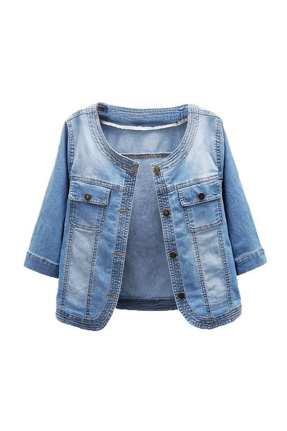 Women 3/4 Sleeve Denim Jacket Lightweight Button Down Jean Jackets Casual Collarless Cropped Jean Jacket