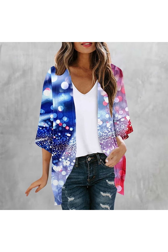 Women American Flag Kimono 4th of July Cover Up Lightweight Cardigan Short Sleeve Open Front Chiffon Cardigans Memorial Day Gifts