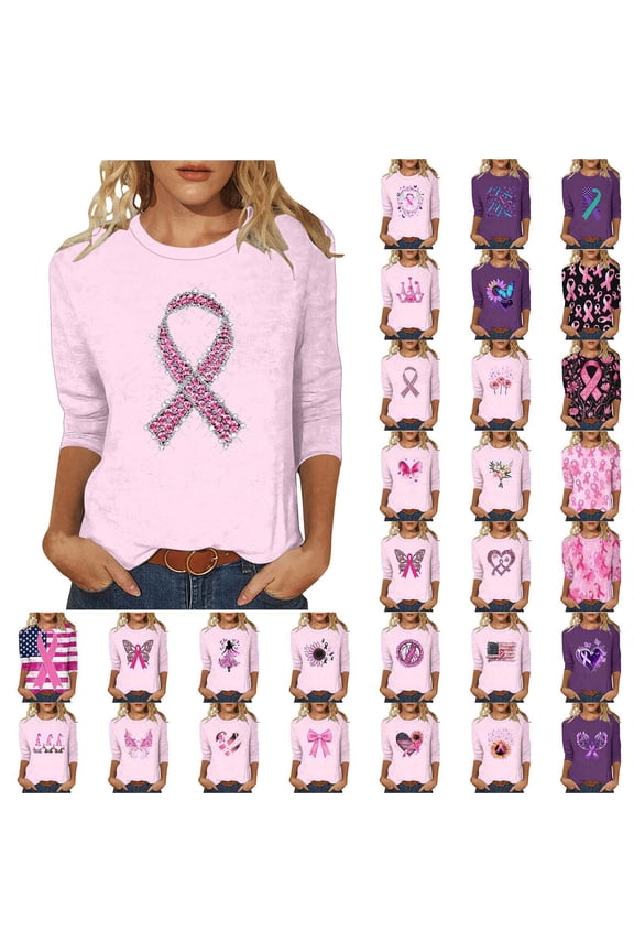 Women Breast Cancer Awareness Tshirt Crew Neck 3/4 Sleeve Pink Ribbon Shirts Inspirational Breast Cancer Walk Event Shirts