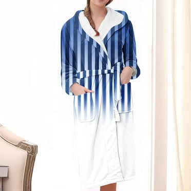 Wiyuqeen Women Fleece Robe Plush Hooded Bathrobe Soft Trendy Gradient Color Strip Print Robes Fuzzy Long Sleepwear Belted Spa Robes Winter Warm Loungewear with Pockets