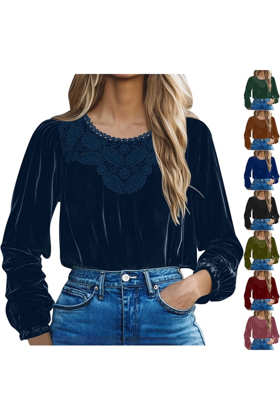 Women Lace Mesh Velvet Blouse Puff Long Sleeve Babydoll Shirt Crew Neck Patchwork Peplum Tops Vintage Blusas Manga Larga