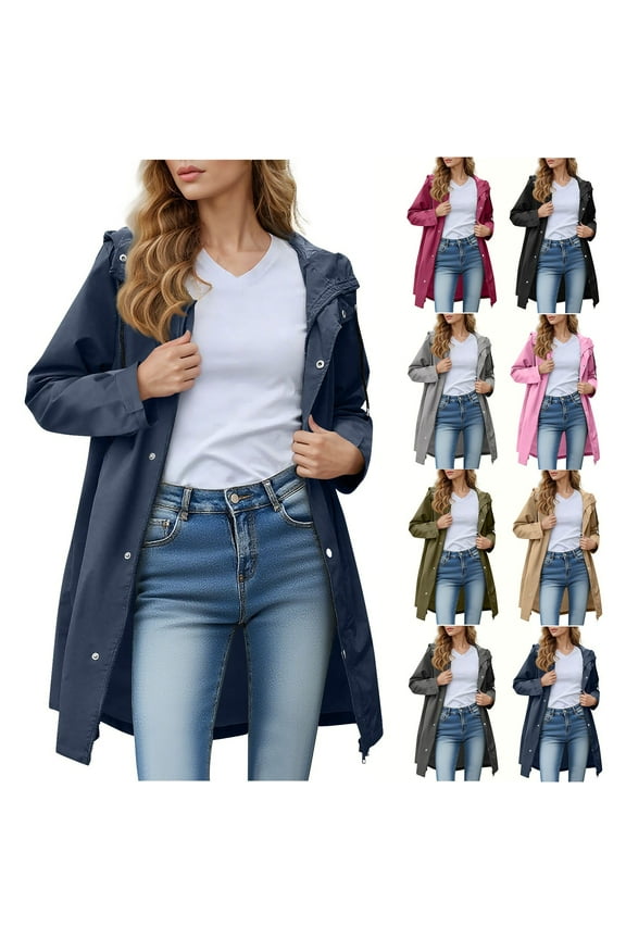 Women Rain Jacket Waterproof Long Rain Coats Hooded Windbreaker Lightweight Raincoats Travel Hooded Trench Coats S-2XL