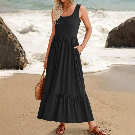 Wiyuqeen Women Sleeveless Square Neck Tiered Dresses Casual Solid Plested Maxi Dresses Summer Beach Tank Dresses with Pockets Empire Waist Dresses