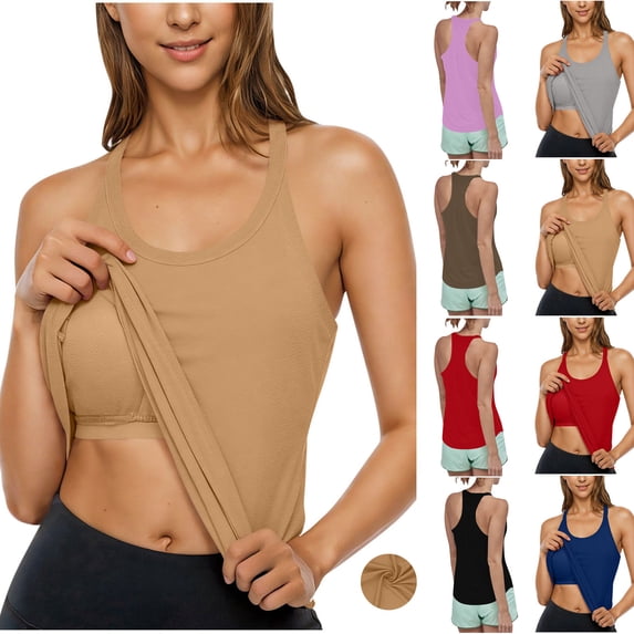 Wiyuqeen Women Tank Tops with Built in Bra Padded Summer Sleeveless Spaghetti Strap Racerback Camis Workout Yoga Camisole Top Khaki S