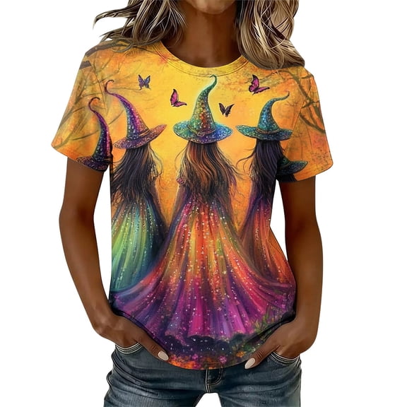 Wiyuqeen Women Witch Halloween T-Shirt Round Neck Spider Web Print Shirts Short Sleeve Ghosts Graphic Tee Shirt Everyday Casual Daily Wear S-5XL
