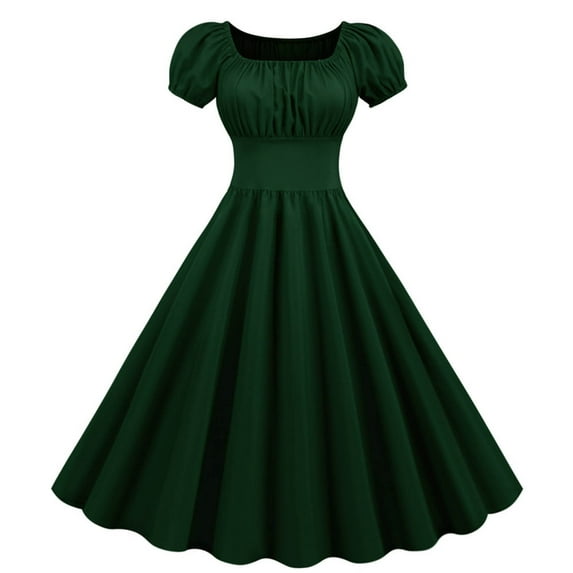 Wiyuqeen Women's 1950s Smocked Square Neck Vintage Dresses Solid Color Short Puff Sleeve Cocktail Dresses Stretchy Slimming Party Dresses with Pocket