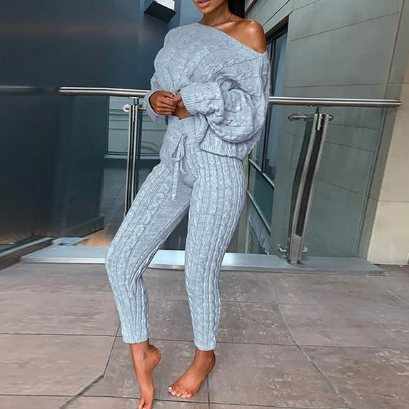 Wiyuqeen Women's 2 Piece Ribbed Tracksuit Outfits One Off Shoulder Long Sleeve Pullover Drawstring Pant Sets Loose Fit Ribbed Lounge Sets