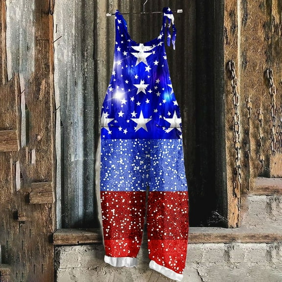 Wiyuqeen Women's 4th of July Overalls Linen Sleeveless Spaghetti Strap Jumpsuits Patriotic American Flag Rompers Plus Size Holiday Jompers with Pokcet