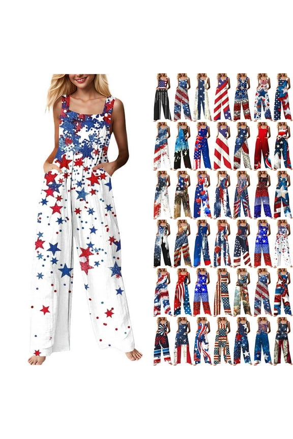 Women's 4th of July Linen Overalls Stars Striped Graphic Wide Leg Rompers Sleeveless Baggy Bib Overalls Summer Beach Jumpers