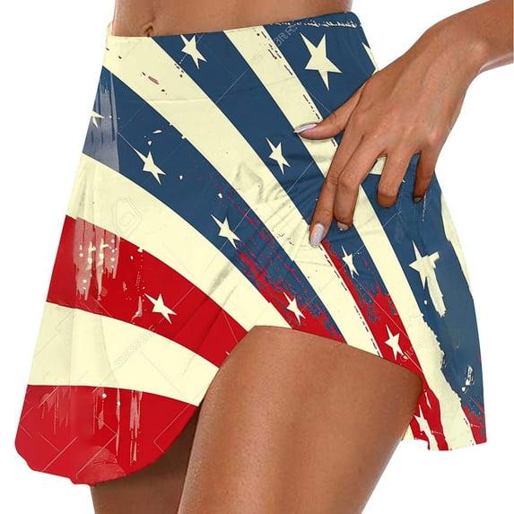 Wiyuqeen Women's 4th of July Skort High Waist Stars Striped Graphic Mini Skorts Patriotic Tennis Skirt with Shorts Womens Gifts