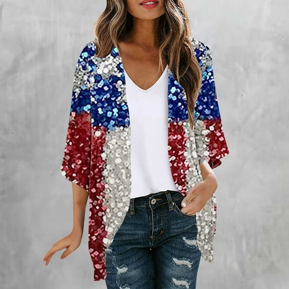Wiyuqeen Women's American Flag Beach Cover Up 4th of July Kimono Tops Short Sleeve Open Front Sparkly Cardigans USA Falg Chiffon Cardigans