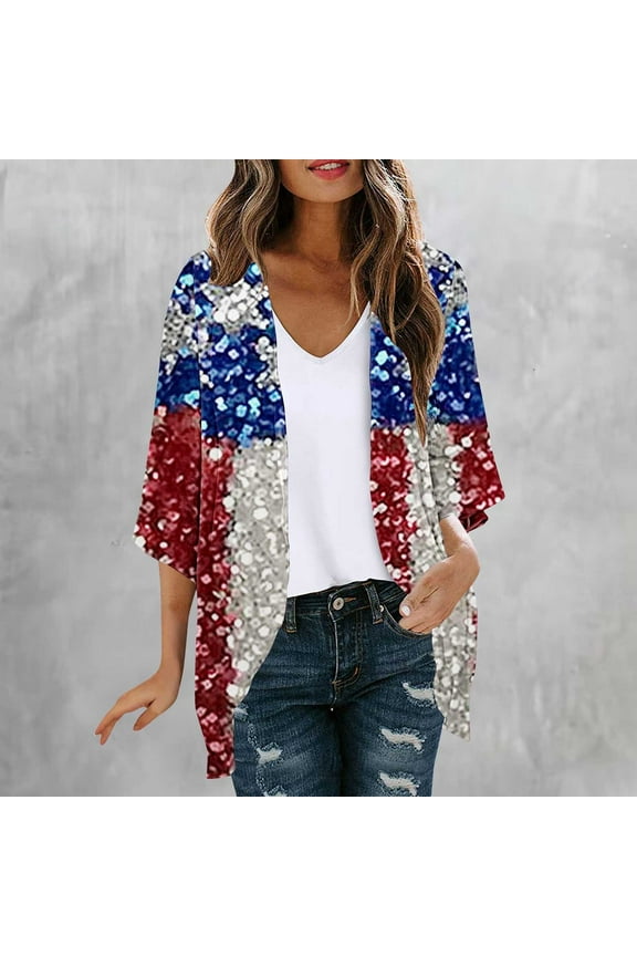 Women's American Flag Beach Cover Up 4th of July Kimono Tops Short Sleeve Open Front Sparkly Cardigans USA Falg Chiffon Cardigans