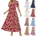 thumbnail image 1 of Wiyuqeen Women's Boho Summer Dresses Short Sleeve Button V Neck Floral Dresses Flowy Swing Tiered Tunic Dresses Casual Smocked Maxi Dresses, 1 of 9