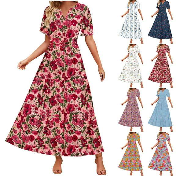 Wiyuqeen Women's Boho Summer Dresses Short Sleeve Button V Neck Floral Dresses Flowy Swing Tiered Tunic Dresses Casual Smocked Maxi Dresses