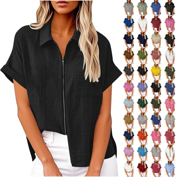 Wiyuqeen Women's Button Down Cropped Shirt Drawstring Hem Roll Up Short Sleeve Blouses Lapel Collar Solid T-Shirts with Pokcets