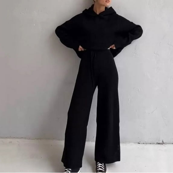 Wiyuqeen Women's Casual 2 Piece Outfits Ribbed Knit Long Sleeve Pullover Hoodie and Pants Sets Elegant Loose Fit Drawstring Loungewear Pant Sets