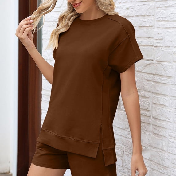 Wiyuqeen Women's Casual Crew Neck Sport Suits Solid Color Raglan Sleeve T-shirts Basic Summer Shirts Soft Trendy Side Split Tees