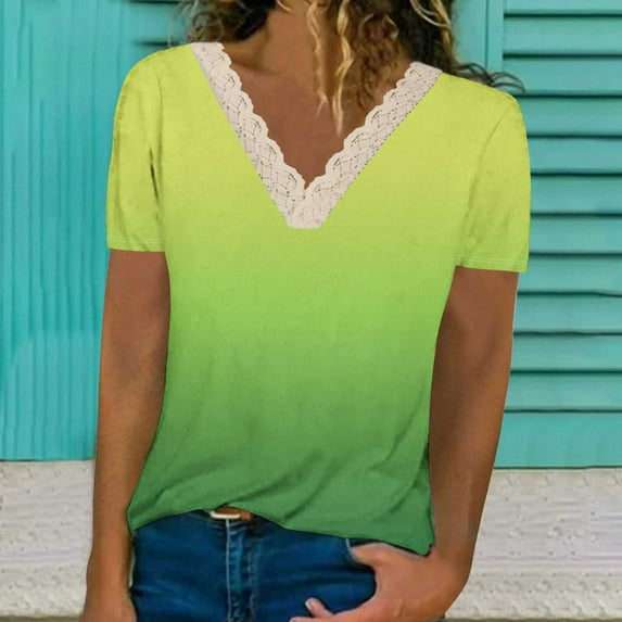 Wiyuqeen Women's Casual Lace V Neck T-shirts Gradient Color Short Sleeve Blouses 2024 Plus Sized Loose Fit Summer Shirts