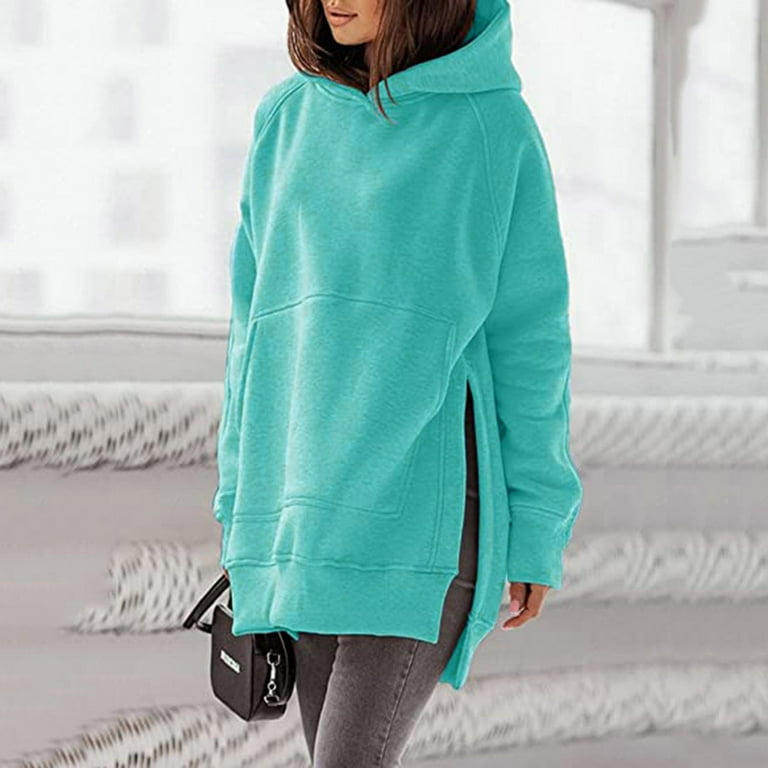 Wiyuqeen Women s Casual Long Hoodies Oversized Thick Solid Color Hooded Sweatshirts Comfy Loose Pullover Soft Trendy Side Split High Low Hem Tops Fall Clothes 2024 Walmart