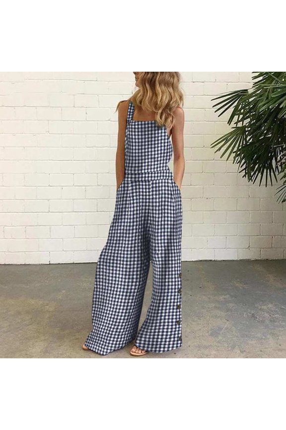 Women's Casual Loose Overalls Plaid Cotton Linen Wide Leg Adjustable Straps Jumpsuits Summer Vacation Jumpers with Pockets