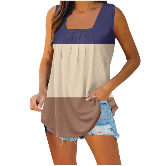 Wiyuqeen Women's Color Block Sleeveless Blouses Dressy Casual Pleated Square Collar Tank Tops Soft Trendy Loose Fit Graphic Tees for Summer 2024