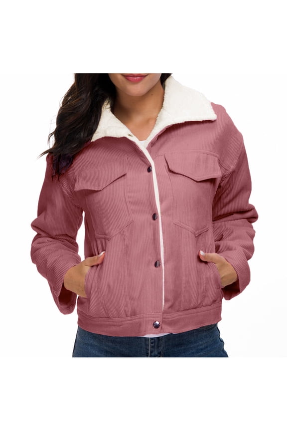 Women's Corduroy Jackets Fleece Lined Cropped Coats Warm Winter Button Down Outwear Casual Jacket with Pockets