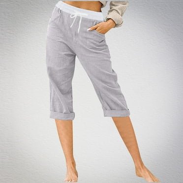 Wiyuqeen Women's Cotton Capris Summer Casual Loose Fitted Cropped Pants Elastic High Waisted Drawstring Rolled Hem Shorts with Pockets