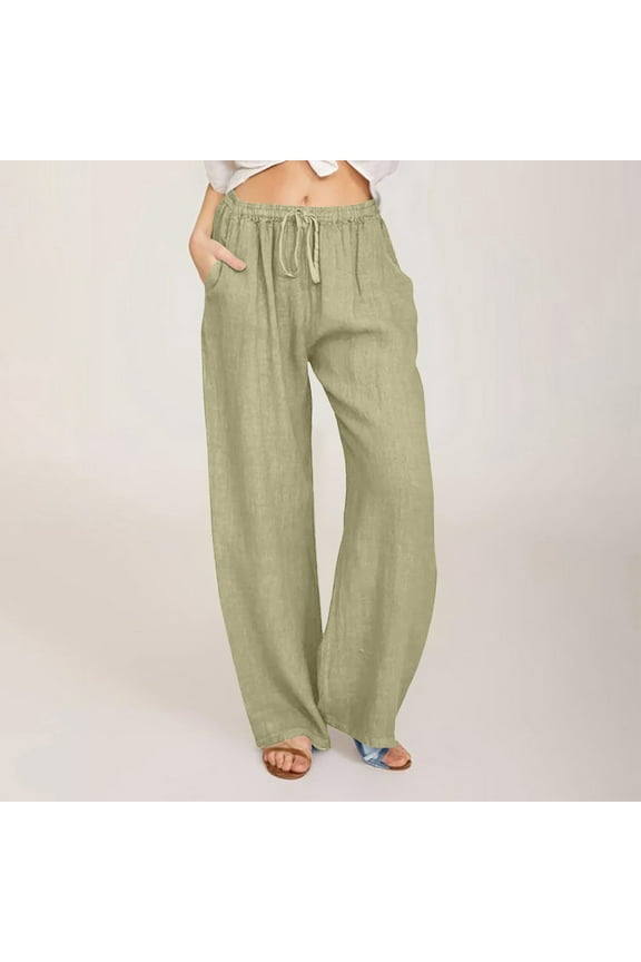 Women's Cotton Linen Pants Summer Casual Loose WiLeg Pant Drawstring Elastic High Waist Palazzo Pants Lounge Trousers with Pockets