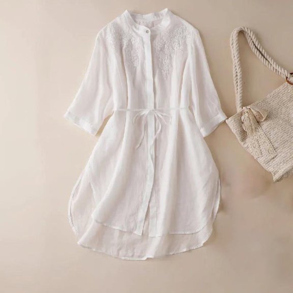 Wiyuqeen Women's Cotton Linen Shirts Loose Half Sleeve Button Down Tunic Tops Summer High Low Embroidered Blouses Basic Solid Drawstring Shirts