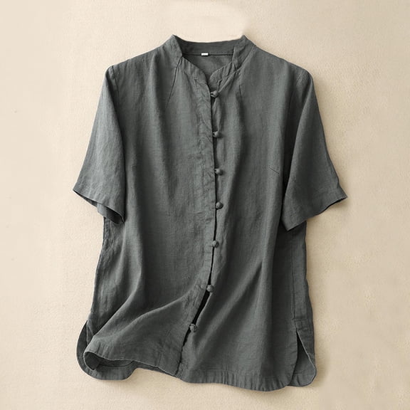 Wiyuqeen Women's Cotton Linen Shirts Retro Mandarin Collar Chinese Frog Button Tops Blouses Basic Plain Short Sleeve T-shirts Stylish Side Split Tops